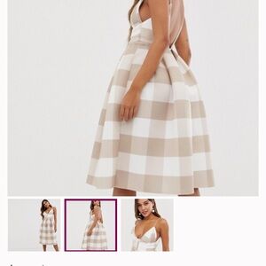 ASOS plaid tan and white checkered wedding guest dress.